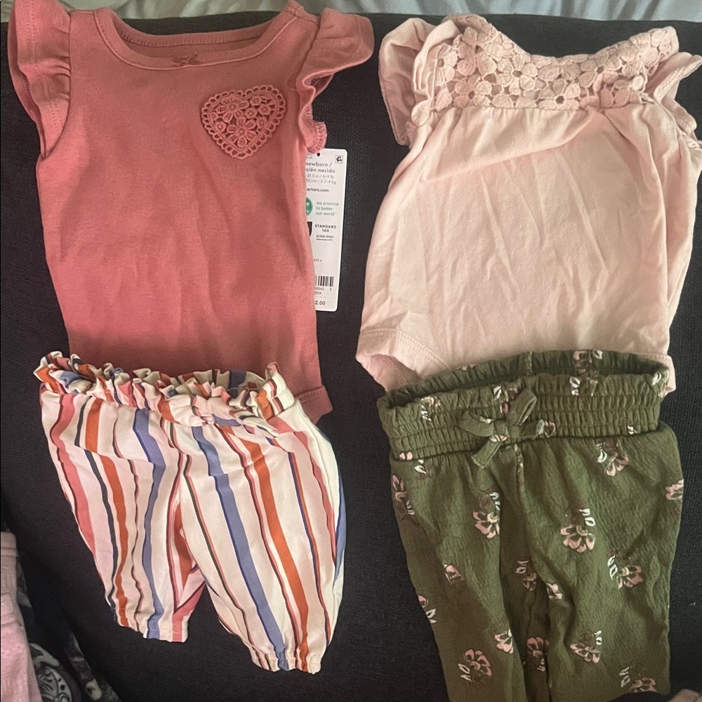 Pink and White Baby Onesies with Striped and Green Pants